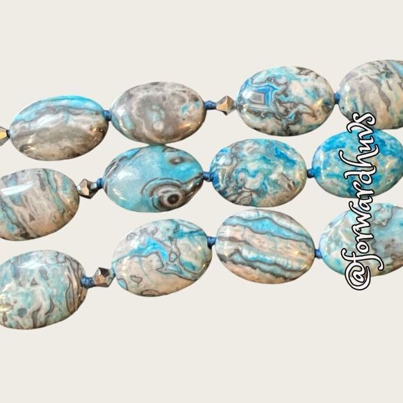 Triple Strand Polished Blue Agate Stone Necklace - Picture 10 of 13